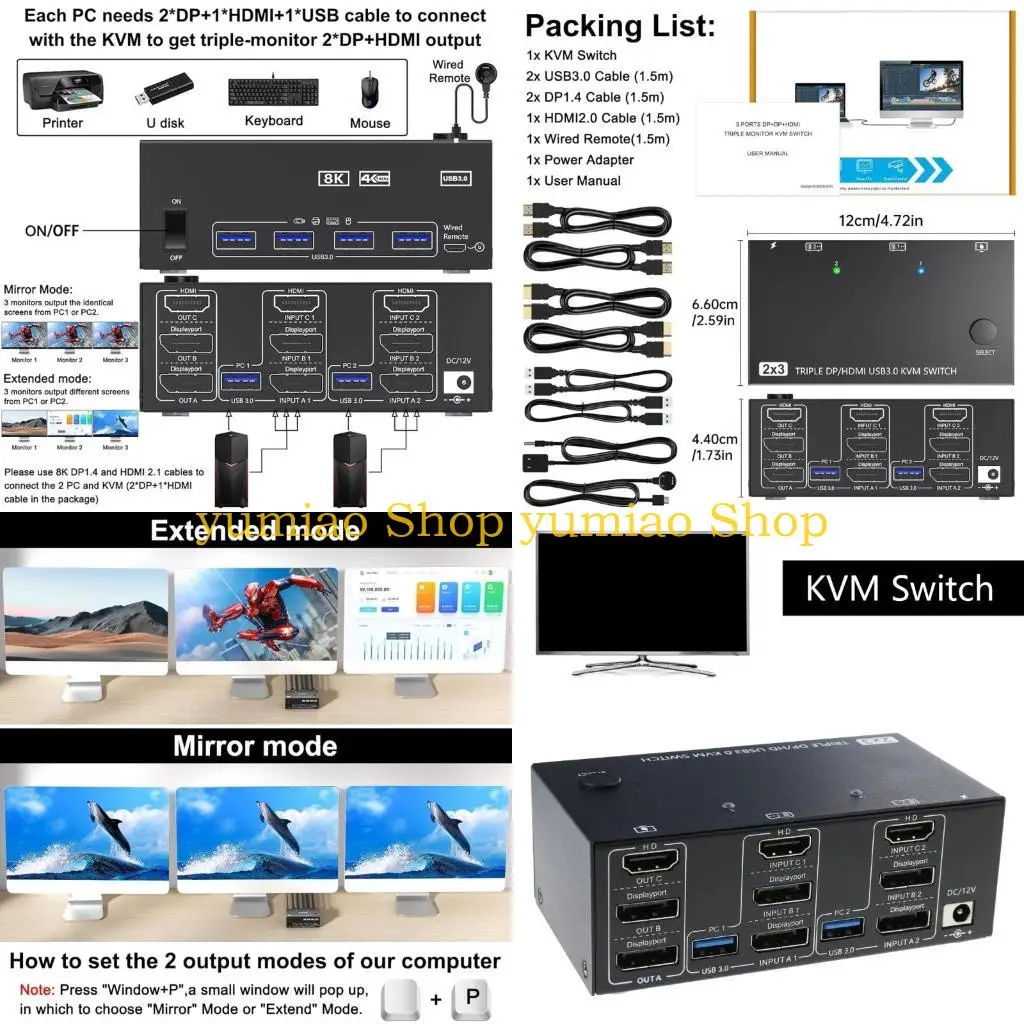

587B High Resolution HDTV KVM Switcher for 3Monitors 2PC 4 Usb3.0 Hubs