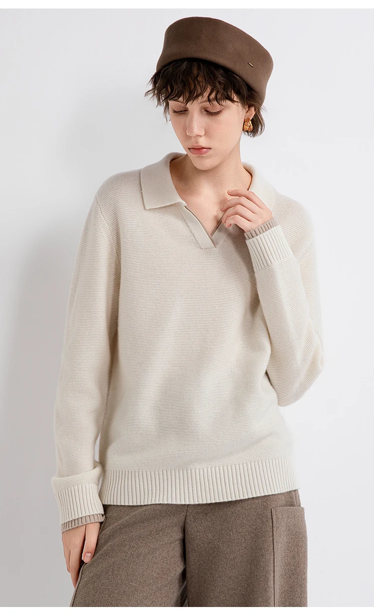 TX862182 Damen-Pullover mit Polokragen und offenem V-Ausschnitt aus Wolle-Kaschmir-Mischung, entspannte Passform, dezenter Luxus für den frühen Herbst. – Detail 4