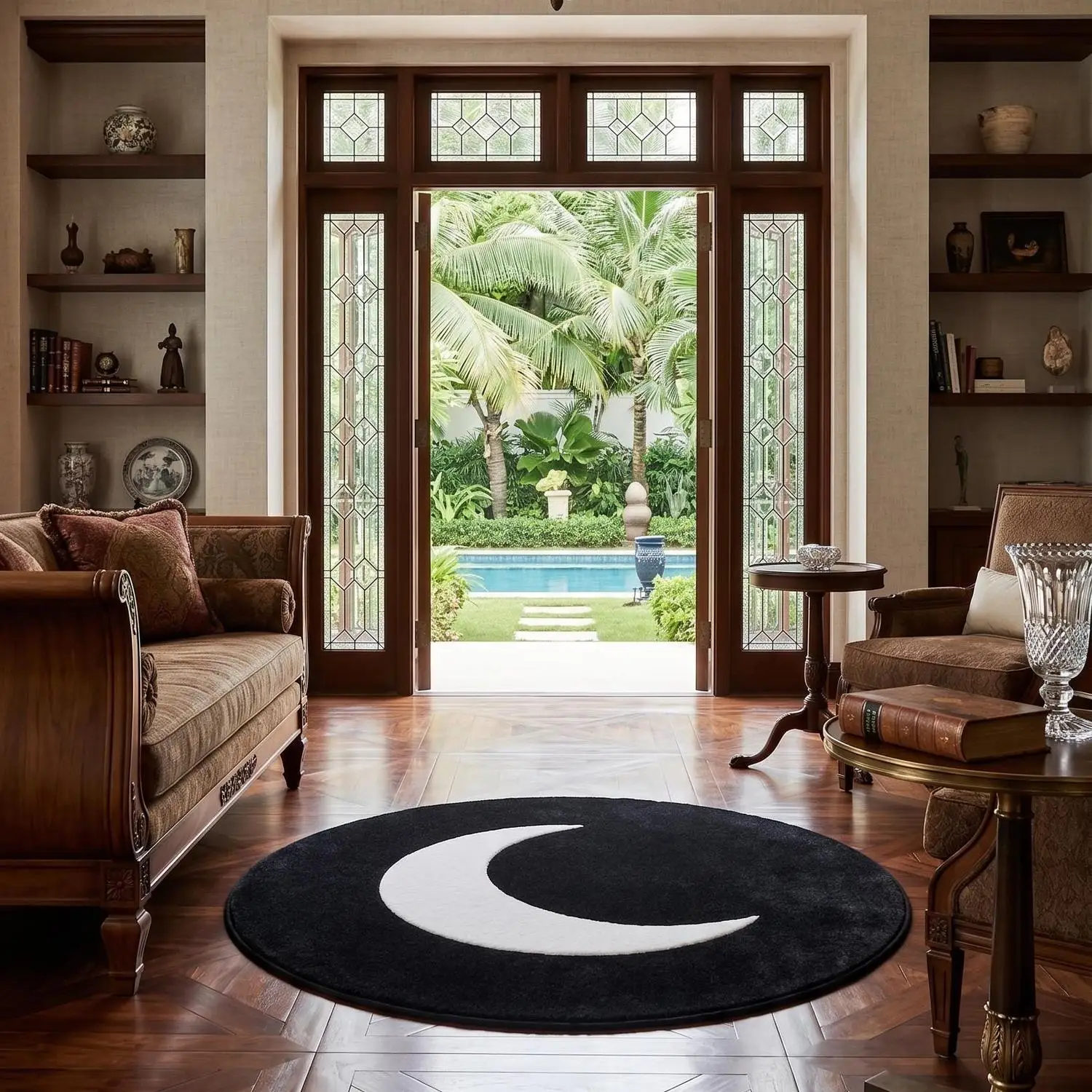 [Room Decoration Carpet] Crescent Moon Round Carpet Black Starry Sky Carpet Living Room Decoration