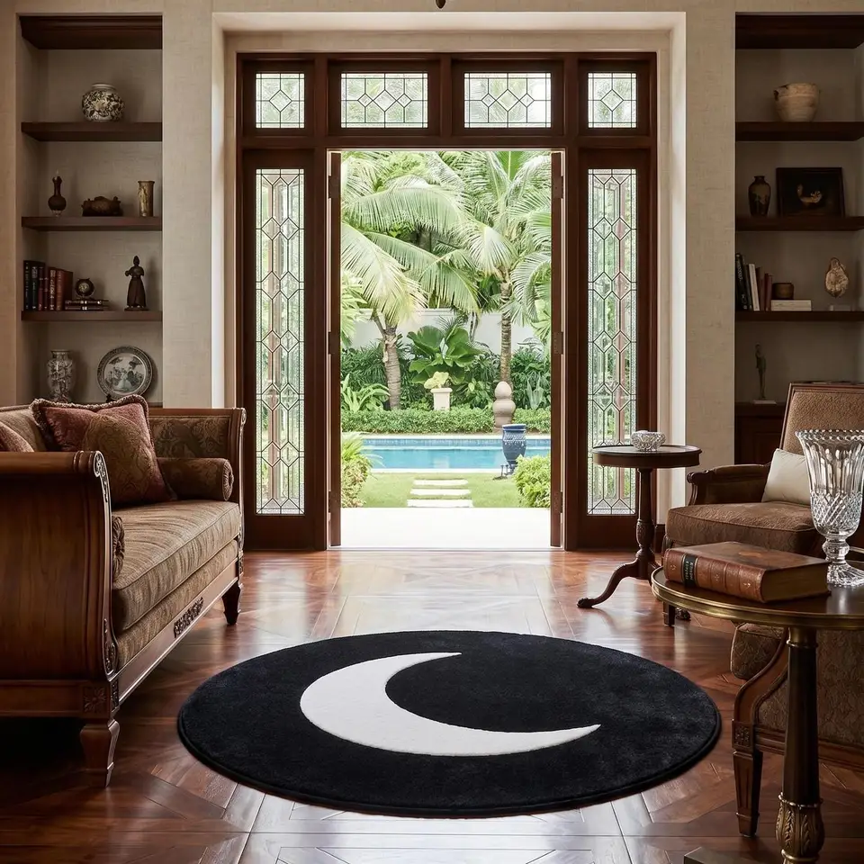 Crescent Moon Black Starry Sky Round Carpet