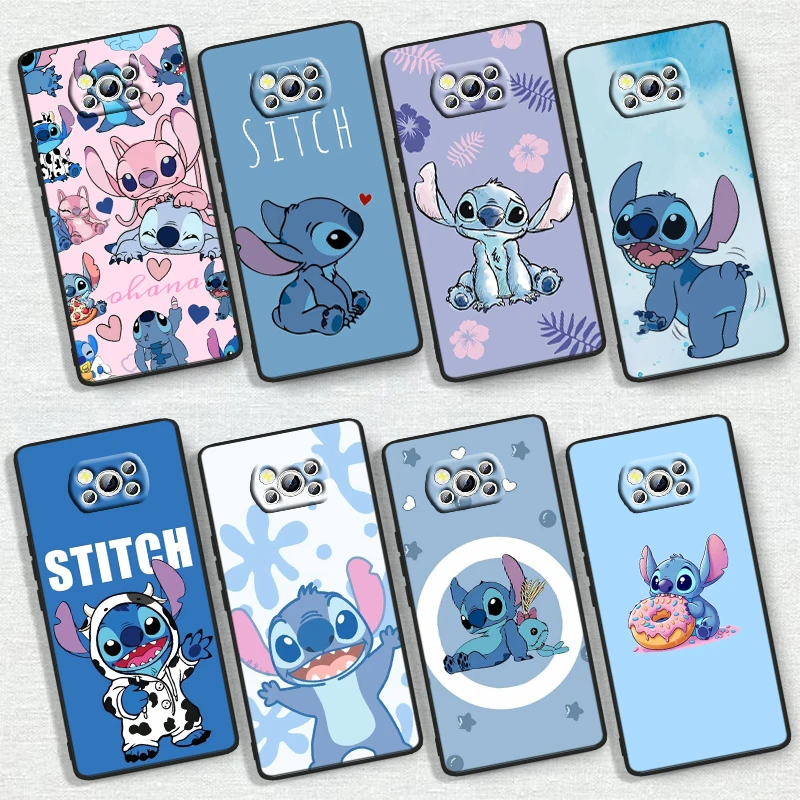 Disney Stitch Cute For Xiaomi Poco X6 X5 X4 X3 F4 F3 NFC M6 M5 M4 GT S Pro 4G 5G C65 Black Soft Phone Case