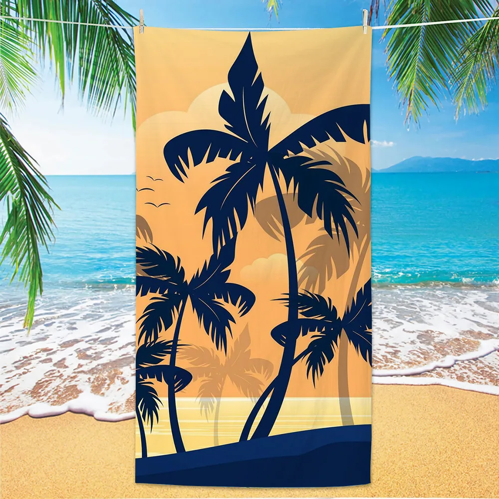 Tropical Palm Tree Sunset Beach Towel Silhouette Design on Warm Orange Background for Beach and Pool Days