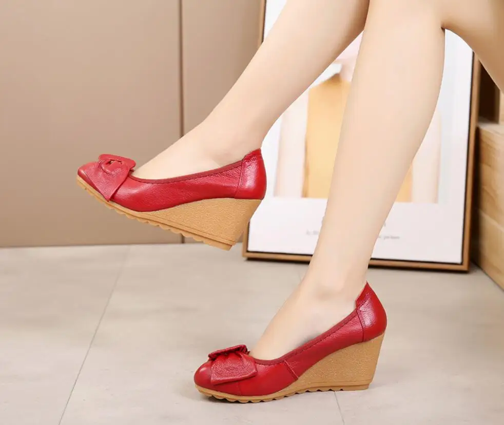 

Women Ladies Female New Woman's Genuine Leather Shoes High Heels Slip On Summer Bow-knot Wedges heel women's shoes are comfortab