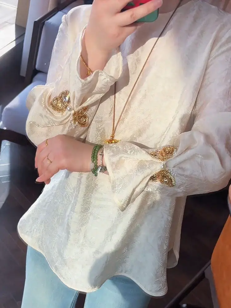 

Новая женская атласная рубашка в китайском стиле с вышивкой, с длинным рукавом, приталенная, весна 2026, модная, в национальном стиле, элегантная блузка