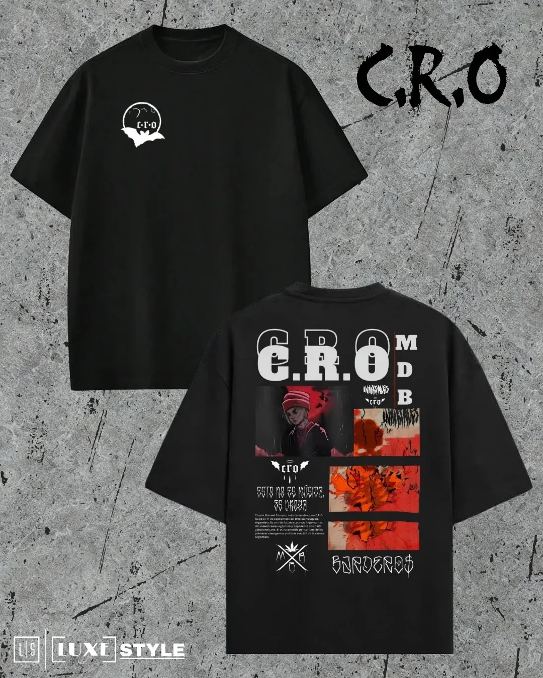 C.R.O (Crackero) Music Theme Black Oversize T-Shirt - Front Stylized Logo Print, Back Artist Profile & Visual Design T-shirts