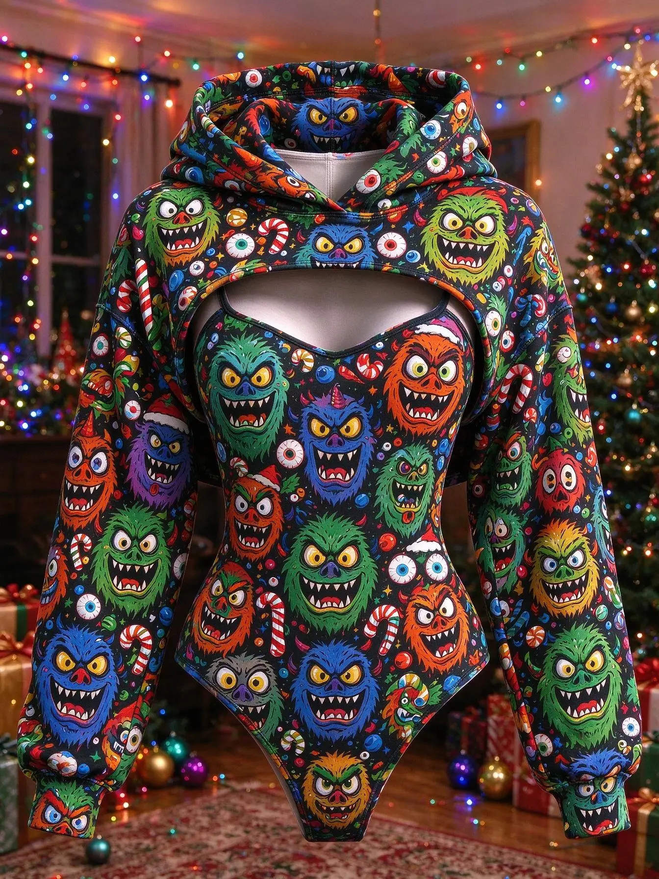 Women Christmas Monster Candy Cane Print 2 Piece Outfit Hooded Shrug Bodysuit Long Sleeve