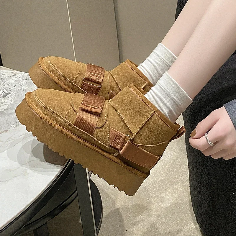 2024 New Winter Frosted Cowhide Snow Boots Flat Platform Elevated Shoes Women Boots Non-slip Casual Warm Cotton Boots