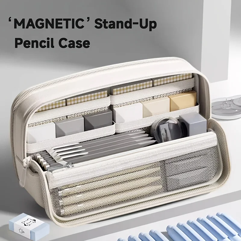 Magnetic Standable Pencil Case Compartment Large Capacity Pen Bag Waterproof Spliced Stationery Organizer Student School Supplie