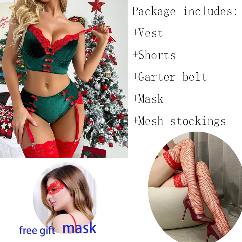 New Arrival Christmas Velutum Lingerie High Quality Sexy Set Green Red Erotic Sexy Women Lingerie Lace Chemises Sleepwear