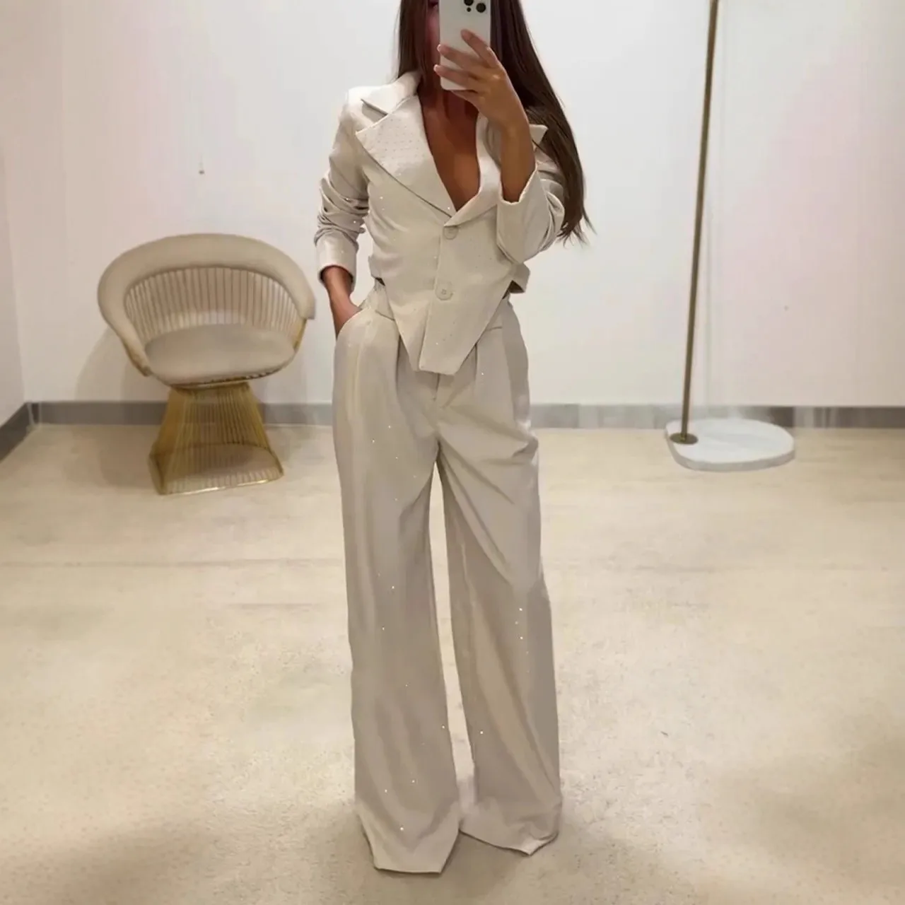 

2 Piece Set Solid Color Blazer Long Sleeve Notched Collar Suit Jacket with Wide Leg Pants High Waist Cropped V Neck Blazer