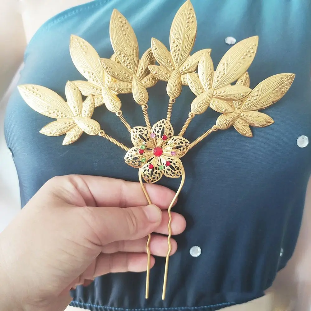 

Vintage Ancient Style Headwear Thai Headdress Leaf Flower Metal Hair Sticks Crystal Gold U Shape Hairpin Women