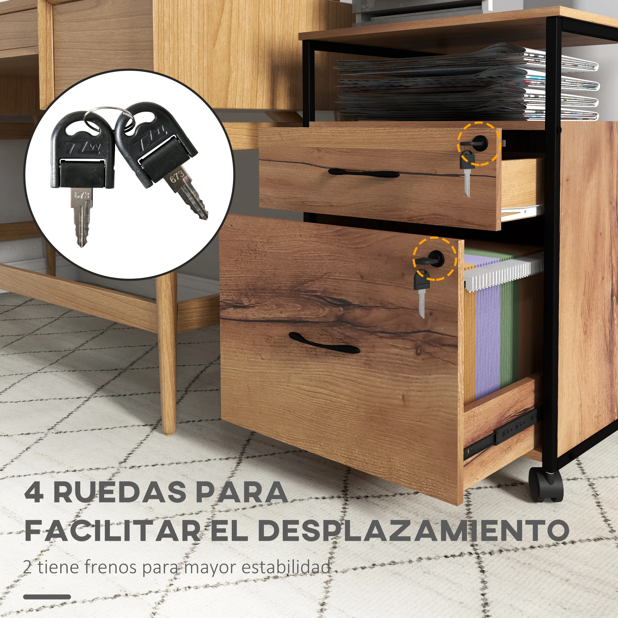 Vinsetto Büro Schubladen schrank mit Rädern Schloss 44x40x66,5 cm rustikal braun