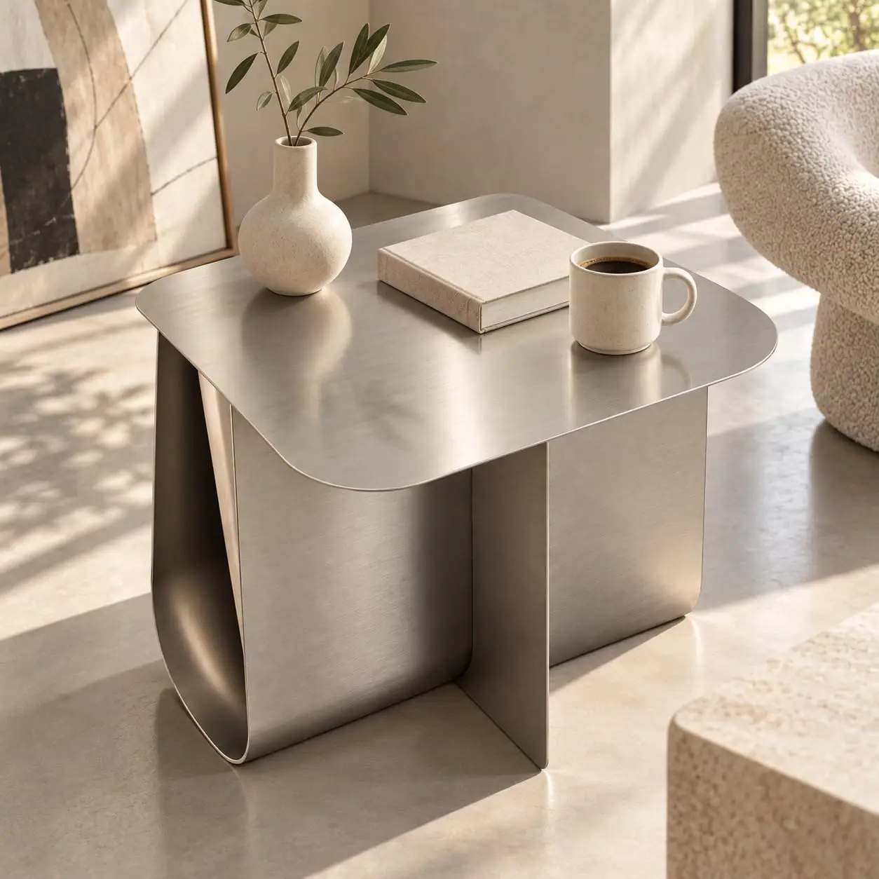 Stainless Steel Side Table, Modern Silver End Table, Fully Assembled