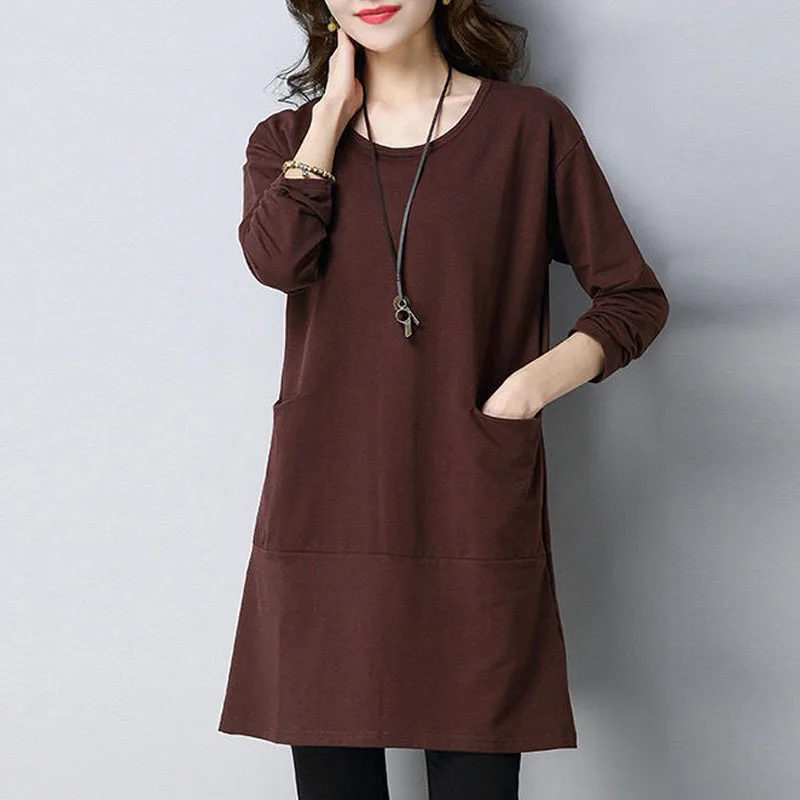 Spring Autumn New Fashion Basic Solid Color Pullovers T-shirt Casual All-match Loose Pockets O-Neck Midi Tops Women\'s Clothing