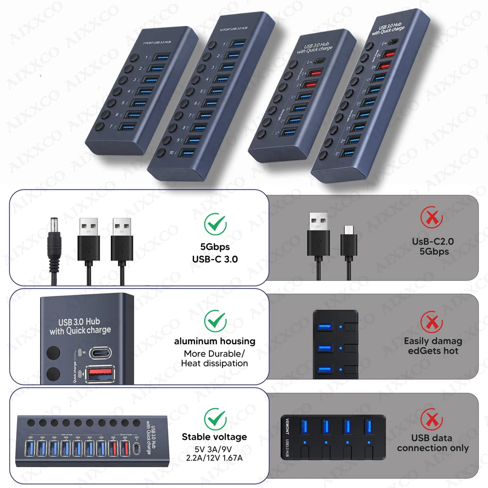 7/10 Ports USB 3.0 Hub Multi USB Splitter with Switch Power Adapter Multiple Expander for Laptop Accessories MacBook Splitter