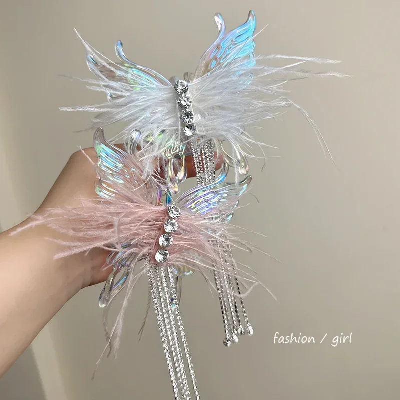 Summer New Feather Rhinestone Fringe Hair Clip Irregular Elegant Horsetail Hair Claw Female Retro Clip Headdress