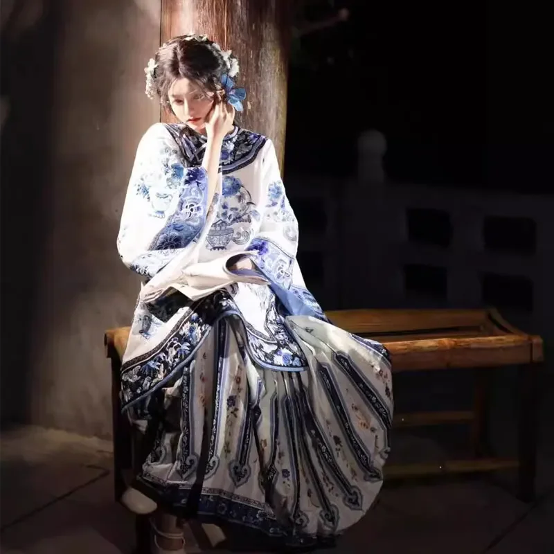 فستان سلالة تشينغ Hanfu تنورة نسائية على شكل وجه حصان ملابس شرقية مطبوعة من البورسلين الأزرق والأبيض أزياء تنكرية للسيدات للحفلات 28
