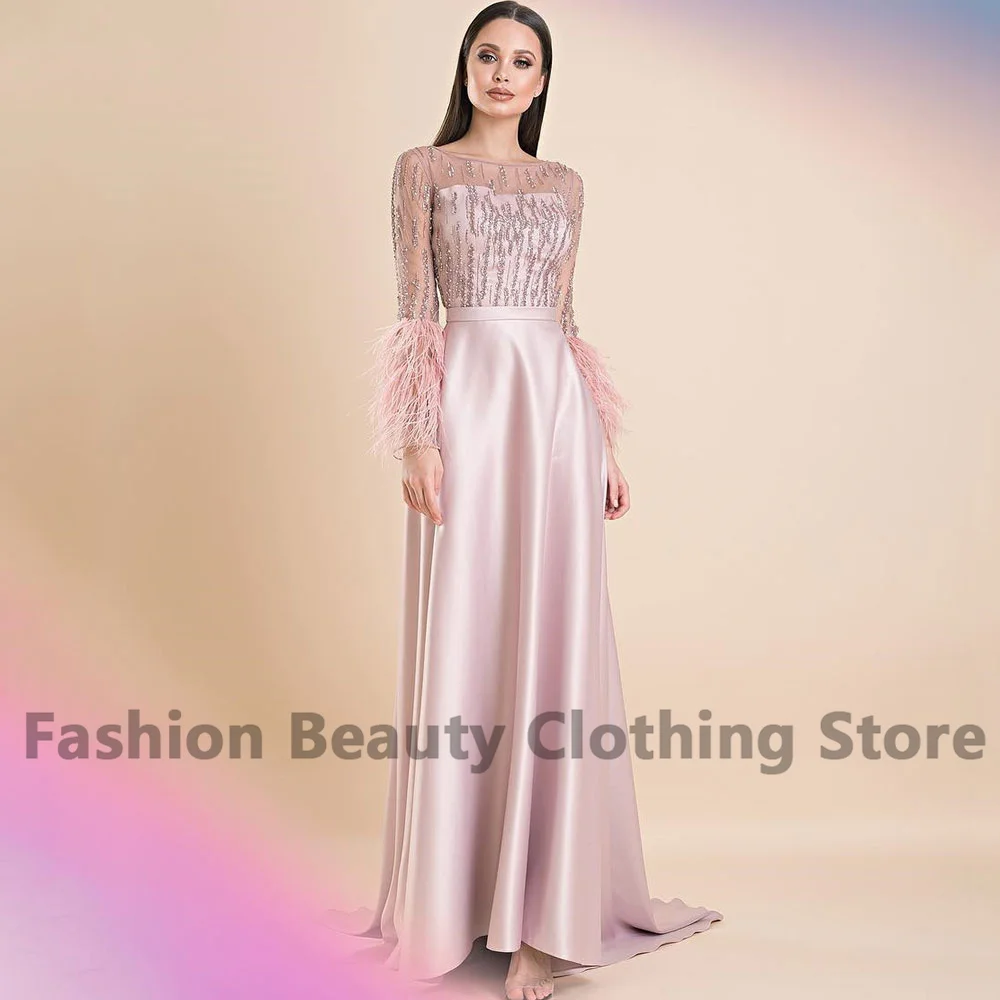 

Exquisite Prom Dress With Long Illusion Shoulder Scoop Neck Crystal Saudi Arabian Women's Feather Floor Length Evening Gown