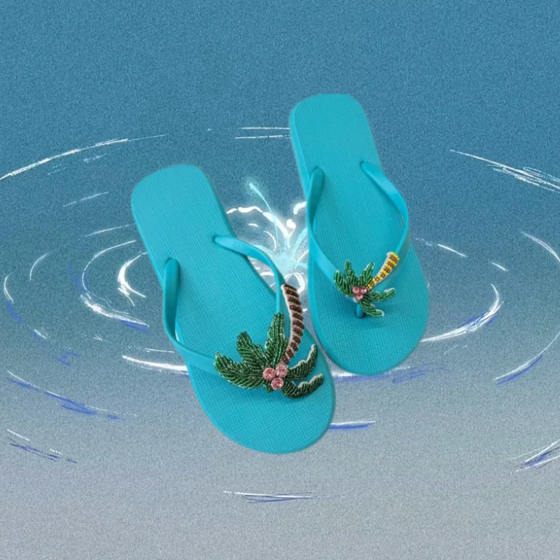 Women Beaded Flower Palm Tree Flip Flops Summer Beach Thong Sandals Cute Handmade Bead Decor Casual Vacation Slippers