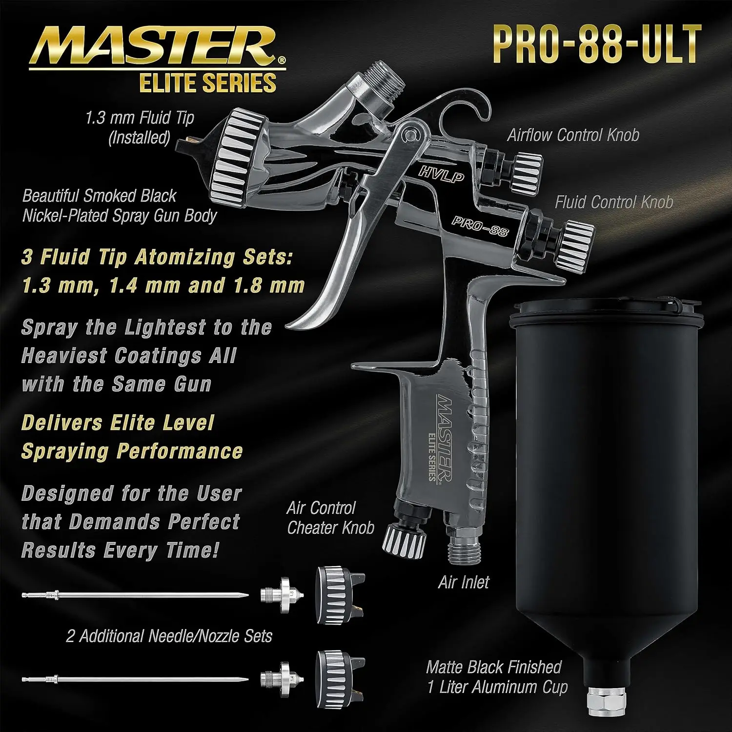 PRO-88 Series HVLP Spray Gun Ultimate Kit with 3 Fluid Tip Sets 1.3, 1.4 and 1.8mm and Air Pressure Reg