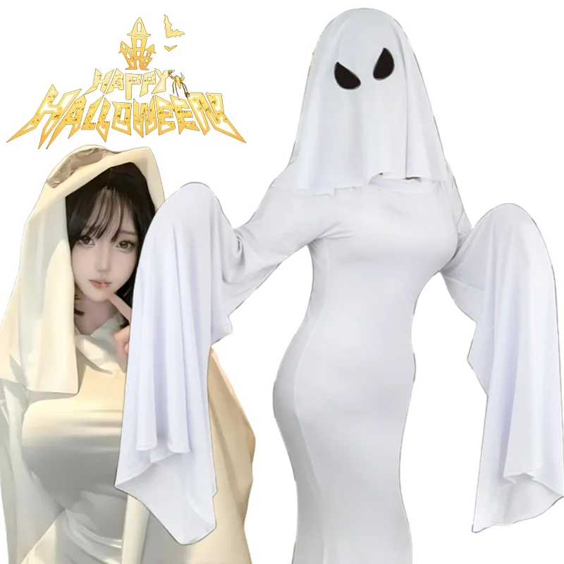 New Female Ghost Cosplay Costume Halloween Scare Smiley Black Eyes White Cinched Face Scream Costume Adult Fancy Dress