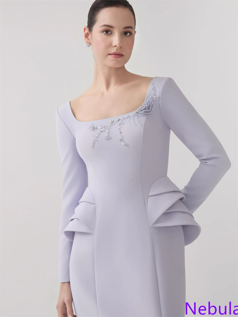 Customized Temperament Light Purple Jersey Evening Dress Square Collar Long Sleeves Celebrity Gowns Bespoke Occasion Gowns
