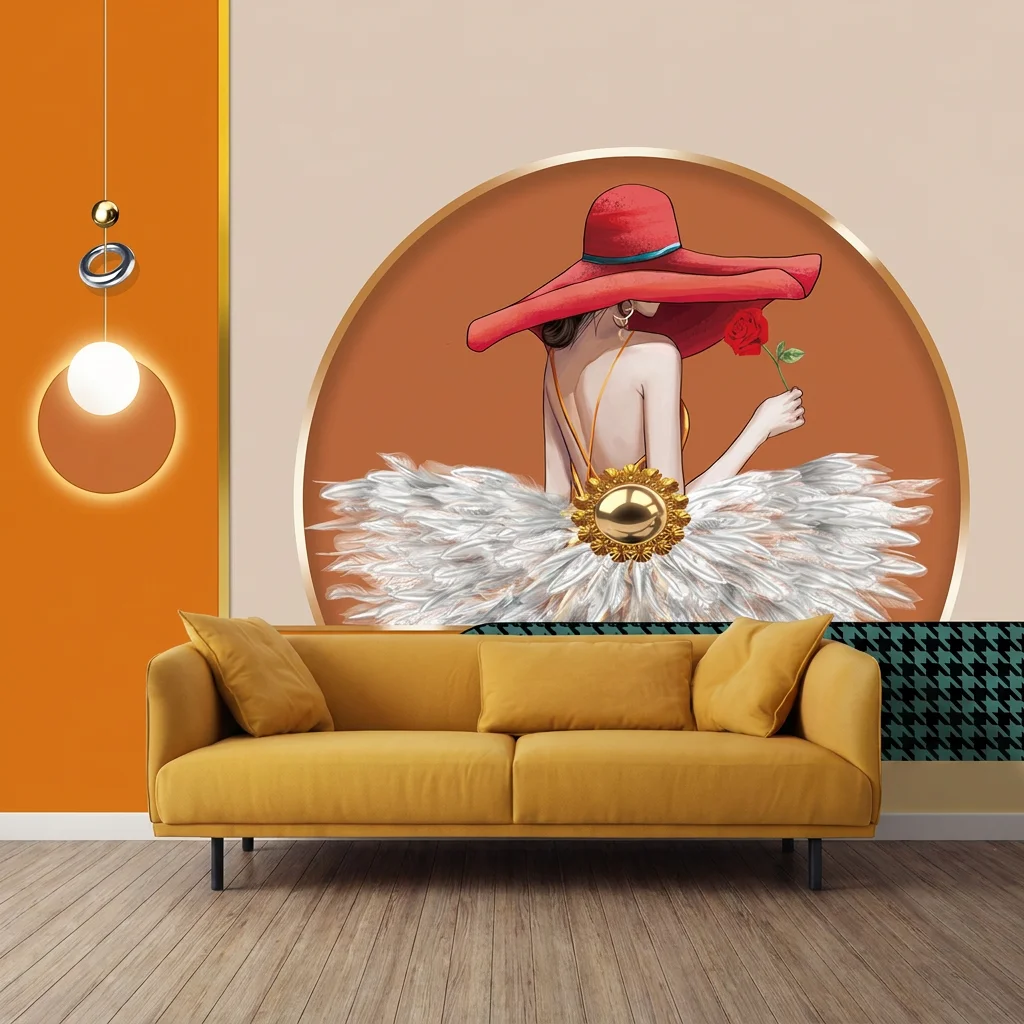 Lady in a red hat space atmosphere, background wall for living room sofa and bedroom, self-adhesive material.