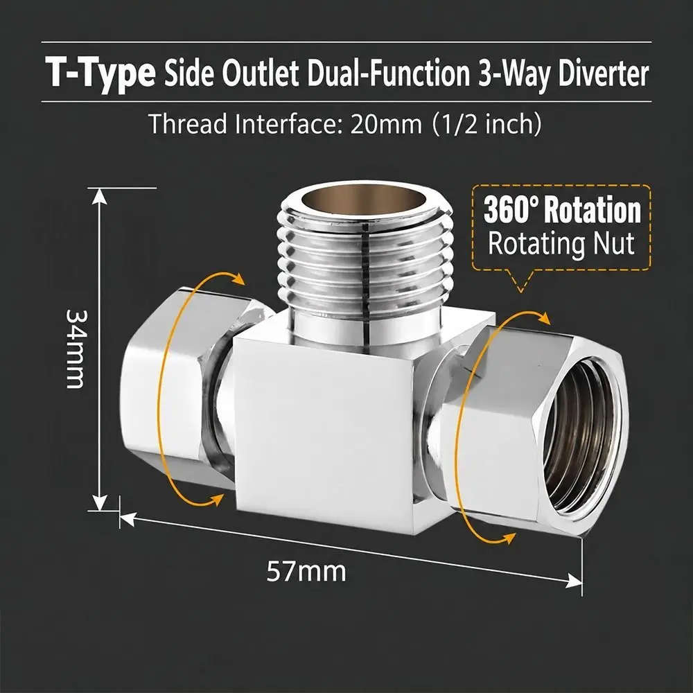 Square Shape T Pipe Fitting Male Female Thread Metal Three Way Valve Multi Directional Swivel Nut Water Splitter