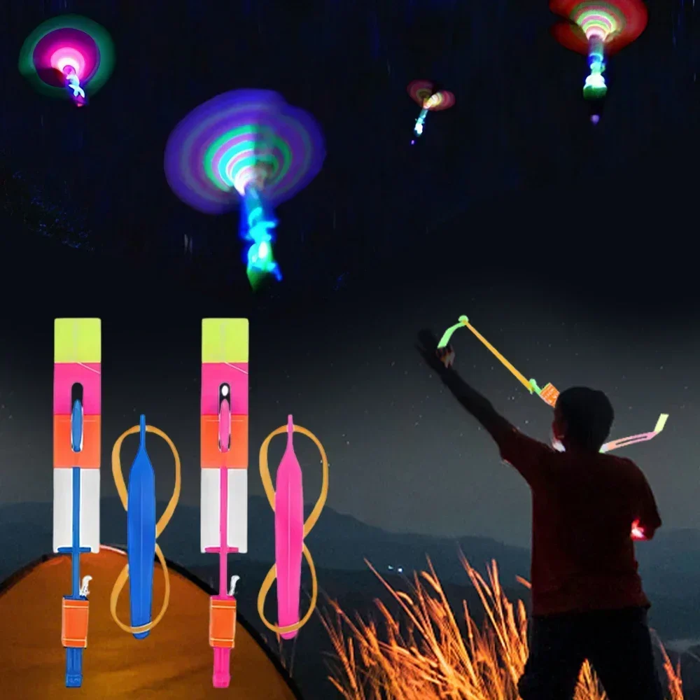 5/10/20 piezas luz Led flecha helicóptero tirachinas eyección juguete volador niños adultos Mini juguete volador Flash banda de goma juguetes de catapulta