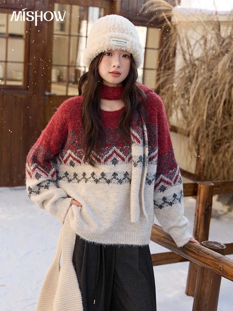 

MISHOW Christmas Jacquard Retro Sweater Winter Geometric Red Scarf Fair Isle Sweater Wool Blend Thickened Knitted Top MXE51Z2628