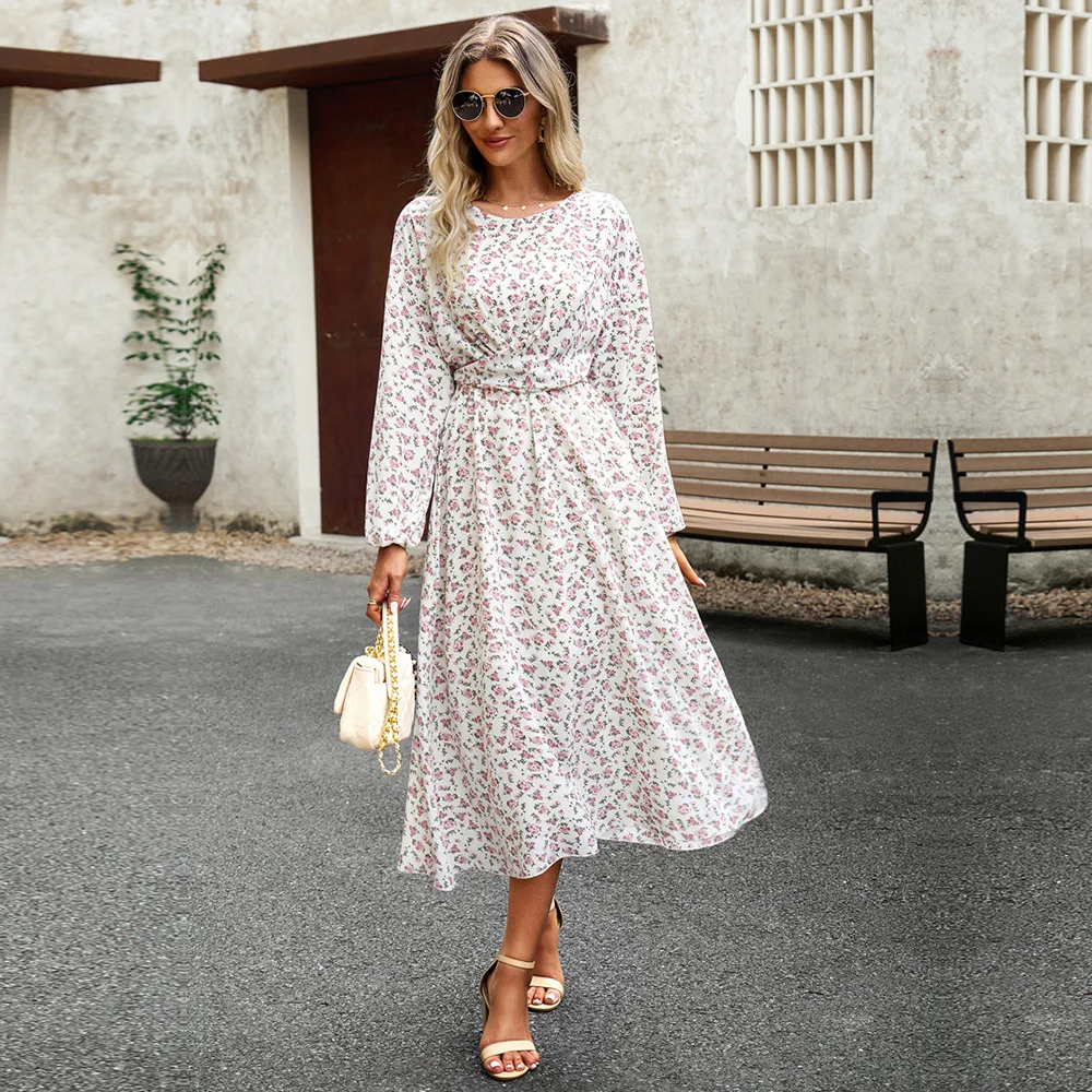 MSFILIA-Robe à fleurs fragmentées pour femmes, col rond, manches longues plissées, ligne A, robes florales élégantes, mode automne