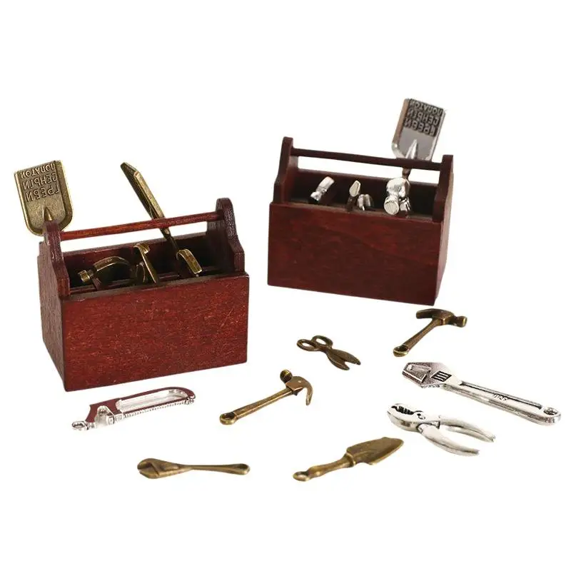 Dollhouse Miniature Realistic Tool Kit, Metal Hammer Pliers Wrench Set with Wooden Storage Box for Craft Enthusiasts Gifts