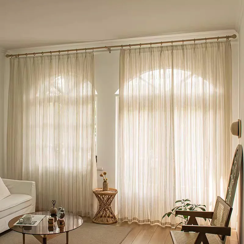 2-teiliger Leinen-Verdunkelungsvorhang im Mori-Stil, Einfarbiger Beiger Transparenter Vorhang für Wohnzimmer, Hausdekoration, Atmungsaktiv und Mückensicher