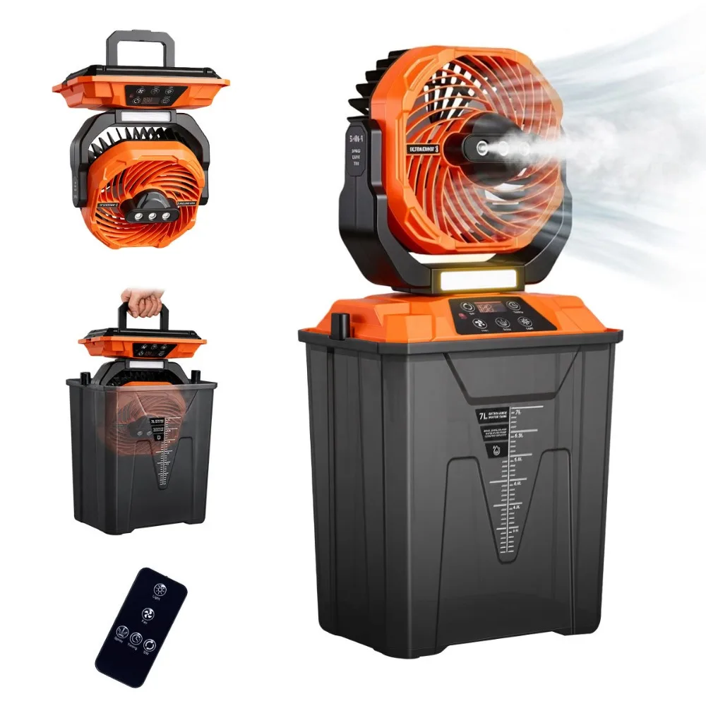 Large Water Tank Spray Camping Fan Remote Control with Scale Sticker Cool Misting Fan Portable LED Lights Outdoor Electric Fan