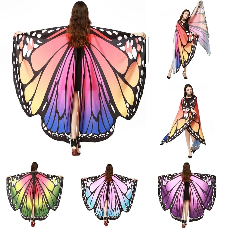 Colorful Butterfly Wings Pashmina Girls Fabric Nymph Pixie Poncho Scarf Ladies Halloween Fairy Costumes Accessory Shawl