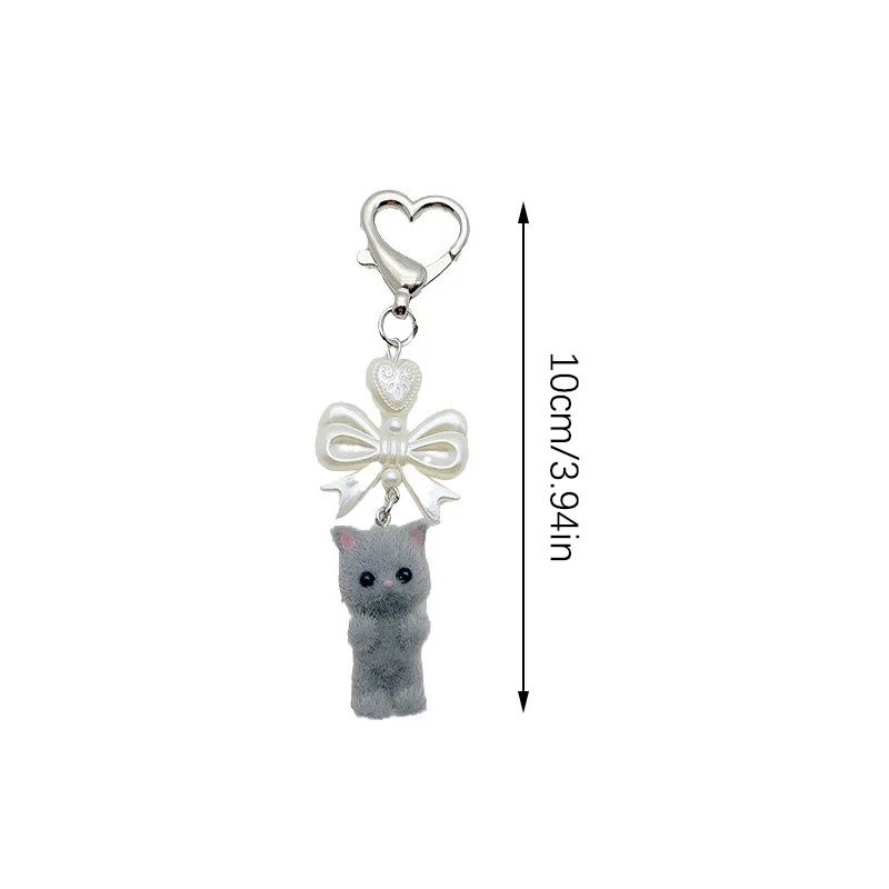 Cartoon Flocking Cat Pendant Keychain Y2K Heart Bow Shaped Key Ring For Women Girls Cute Camera Bag Pendant Decoration Gifts