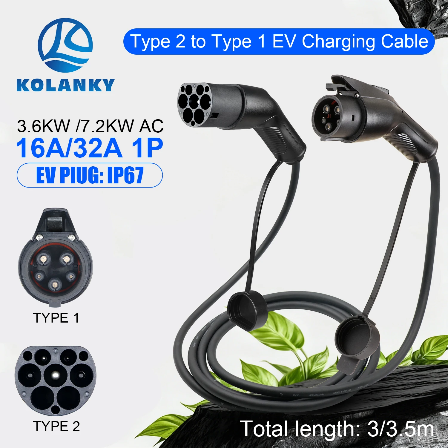 Portable 32A 7.2KW EV Charging Cable Type2 To Type1 For EV Hybrid PHEV Cars Full Lenght 3.5/4M With Public Charging Stations