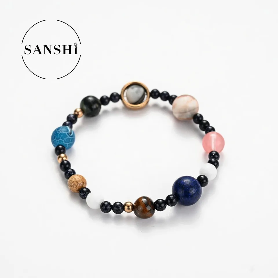 Universe Galaxy Solar System Ten Planets Bracelet Interstellar Natural Stone Beads Elastic Woven Bracelet for Women