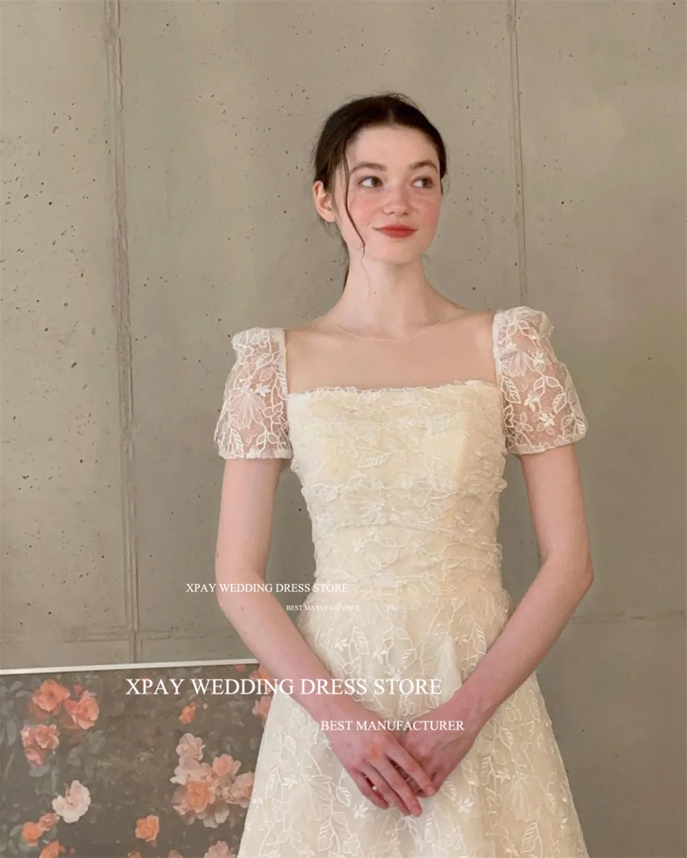 XPAY Elegant Square Neck A Line Korea Wedding Dresses CustomisedFull Lace Short Sleeve Bride Dress Corset Backless Bridal Gown