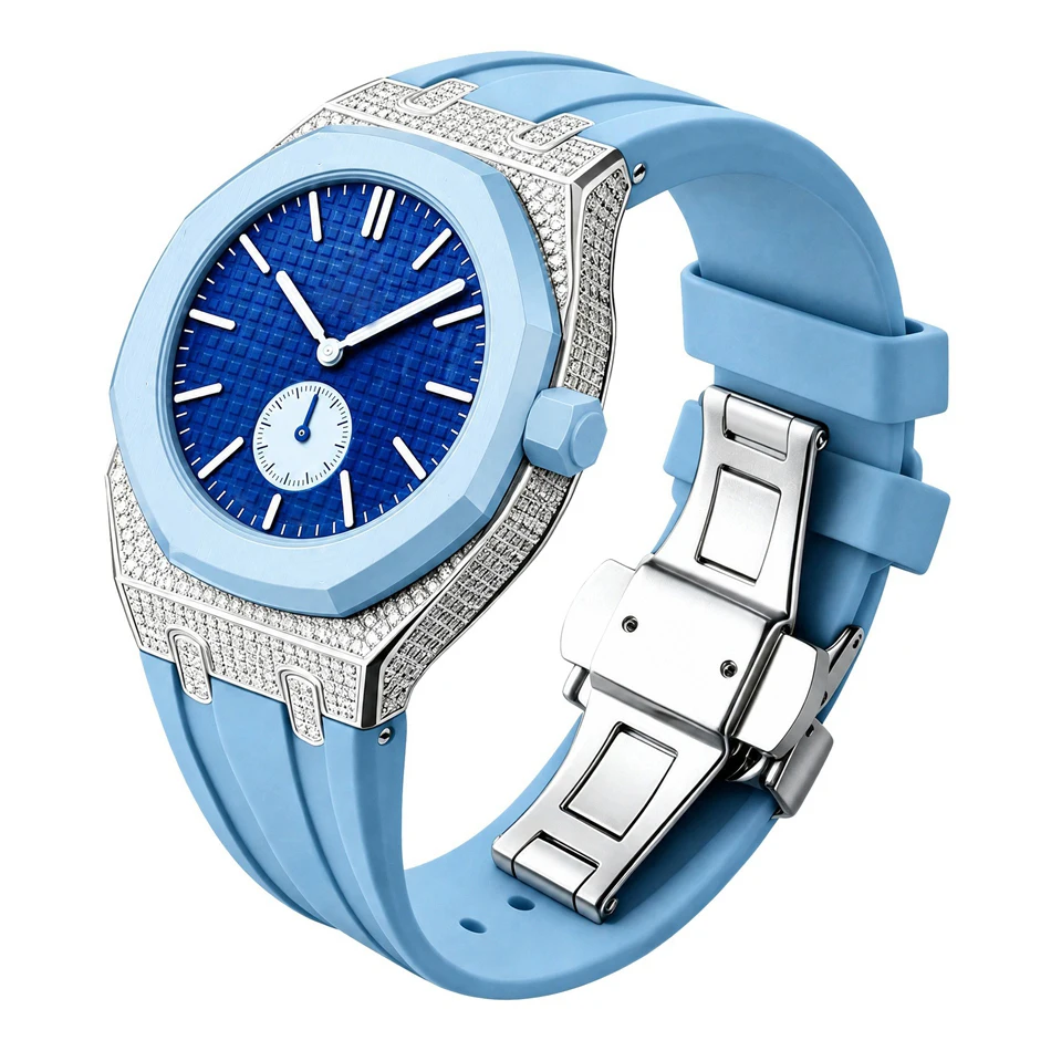 Diamant-Moissanit-Uhrenarmband für Swatch X AP Royal Pop Pocket Edelstahlgehäuse mit Silikonarmbändern Set Ersatzband