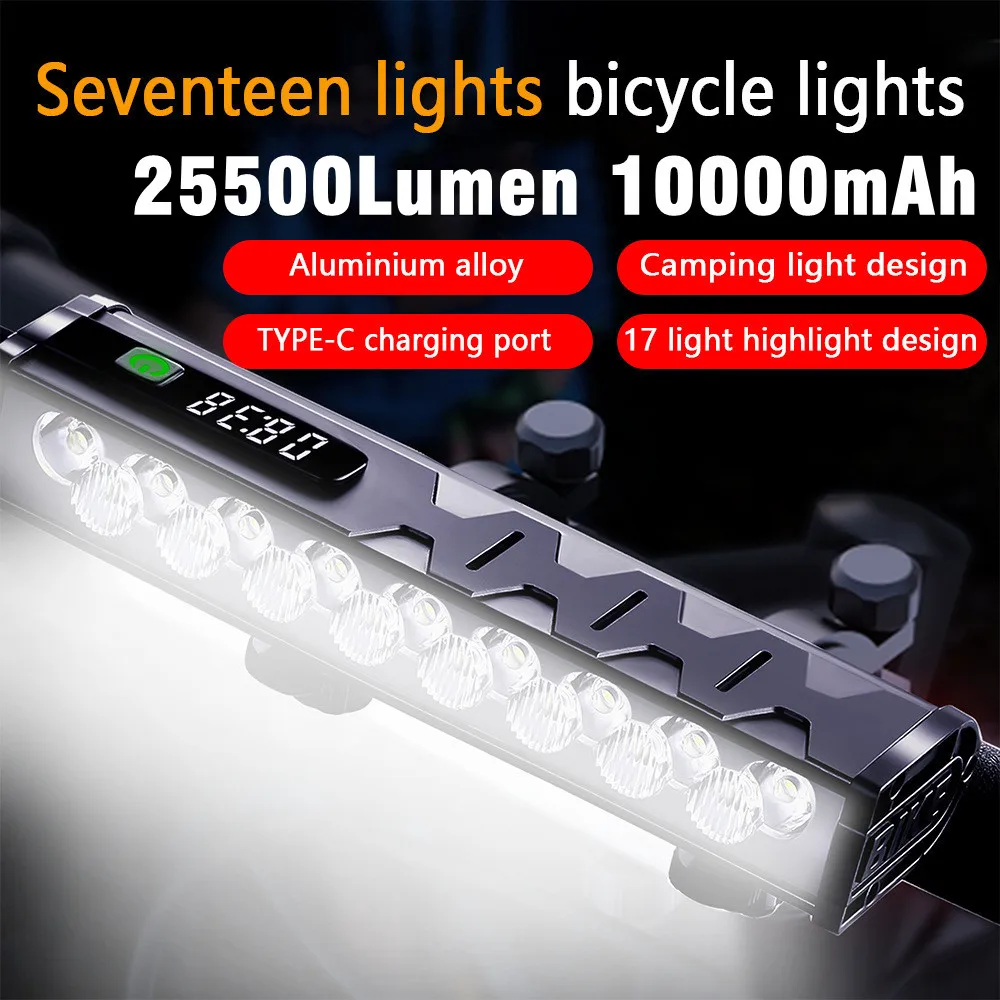 Bicycle Light Front 17LED 25500Lumen Bike Light 10000mAh Waterproof Flashlight USB Charging MTB Road Cycling Lamp Accessories