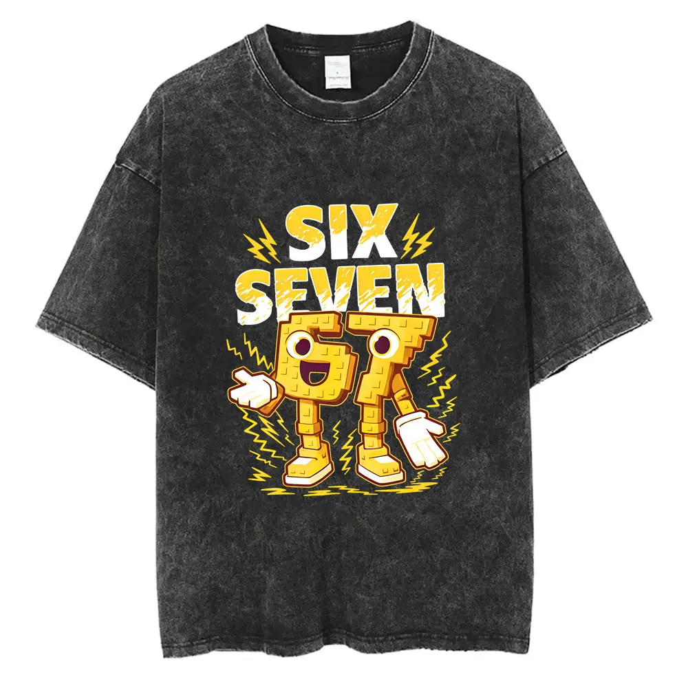 

Funny Six Seven Italian Brainrot 67 Yellow Number Washed T-shirt Men Women Summer Oversized T Shirts Male Vintage Casual Tshirt
