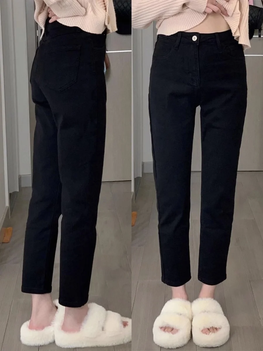

High Waist Straight Leg Jeans Women's Slim Fit plus Size Pear Shape Slimming Nine Point Smoked Tube Pants Black Denim
