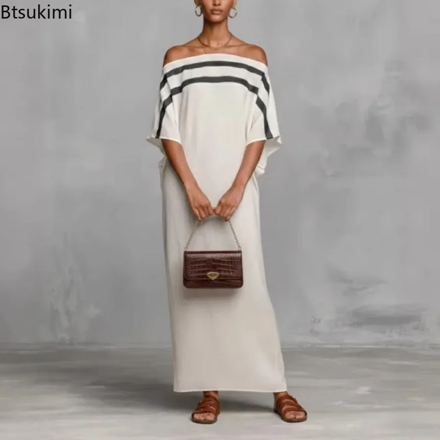 Damen Off-Shoulder Fledermausärmel Schickes Maxikleid Frühling Sommer Urlaub Patchwork Party Strandkleid Locker Sitzendes Einfaches Kleid für Frauen