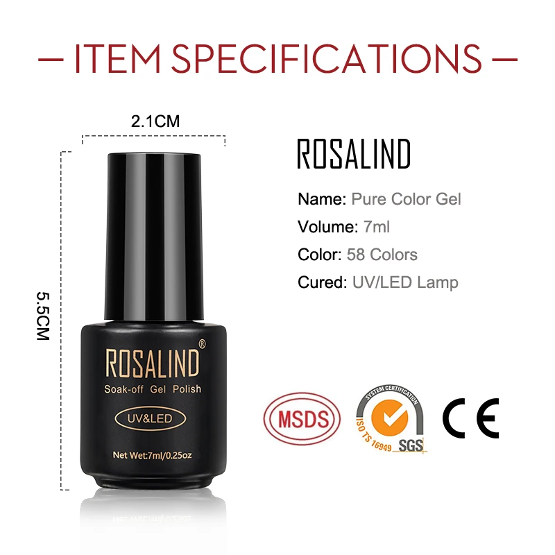 ROSALIND Nail Gel Polish Varnishes Semi Permanent Pure Color All For Manicure Soak Off UV Nails Art Base Top Coat UV Gel Polish