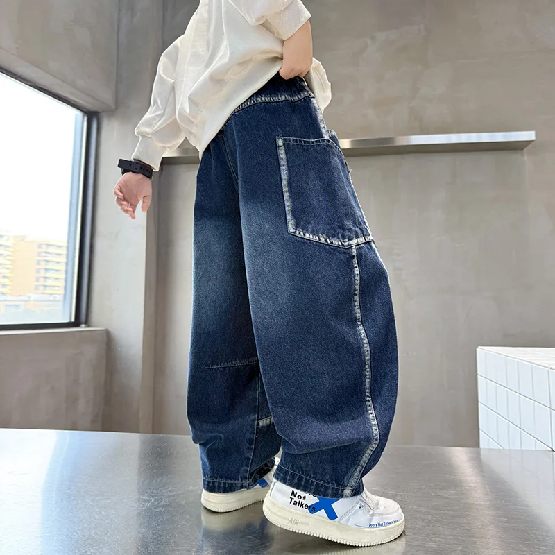 Kids Child Vintage Blue Heavy Jeans with Side Pockets For Teens Boy y2k Clothes Harajuku Hip Hop Distressed Baggy Denim Pants