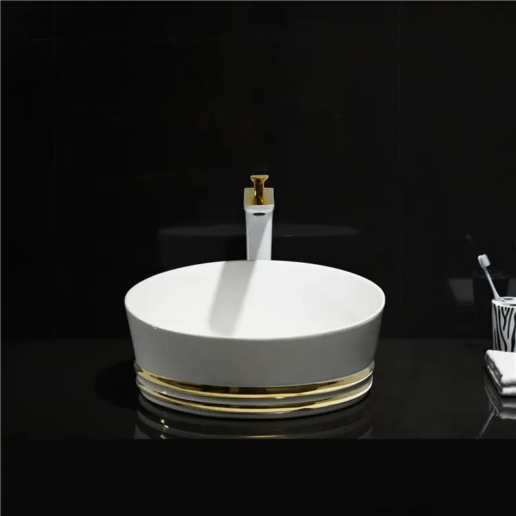 

#Luxury round white gold line lavabo hand wash basin ceramic art basin bathroom vessel sink