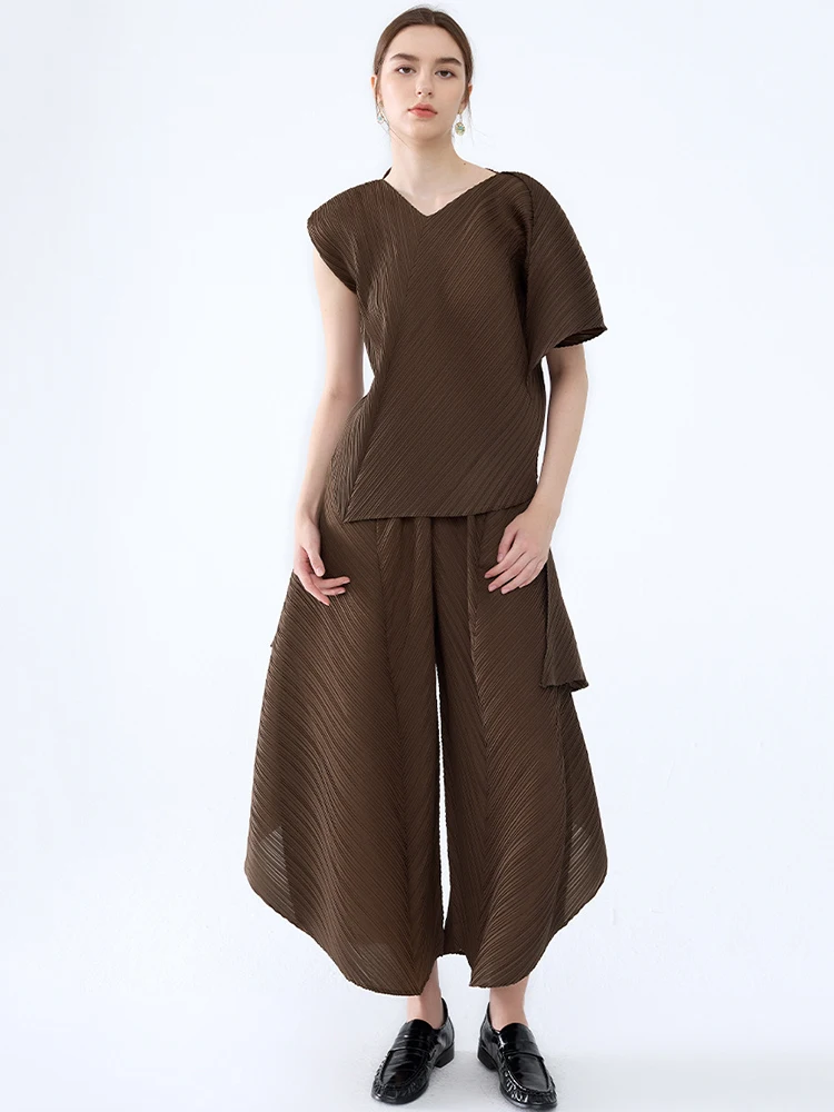 Spring Autumn Big Swing Pants Suit Women Shoulder Sleeves V-neck Top+high Waist Irregular Cropped Pants Female Two Piece Set