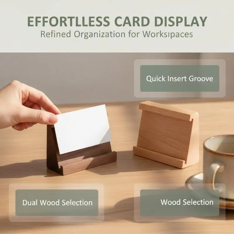 Desktop Business Name Card Holder with Wooden Base, Small Acrylic Display Stand,Tabletop Namecard Organizer,Multi-purpose Holde