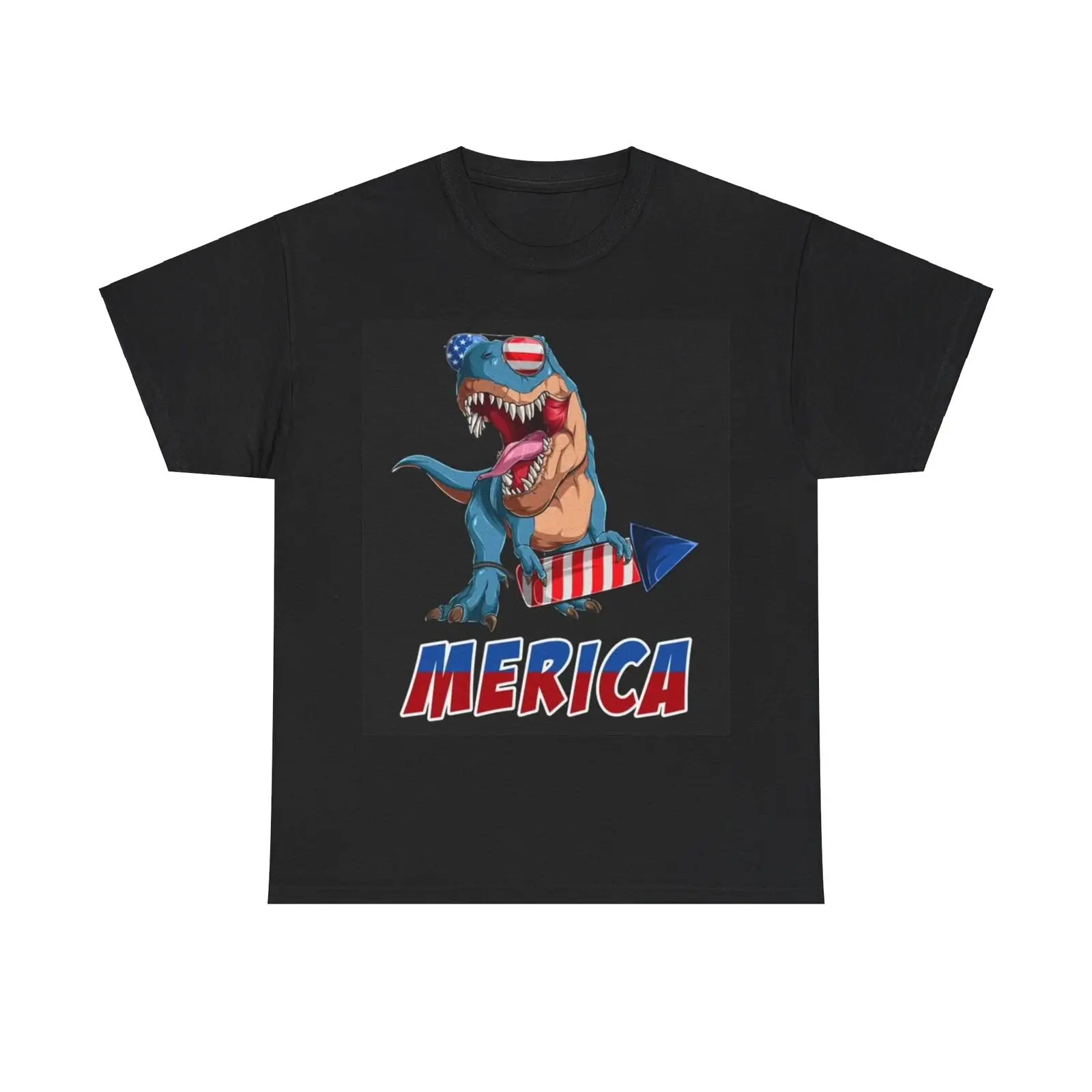 American Flag Dinosaur T Shirt July 4th Fireworks Funny Heavy Cotton